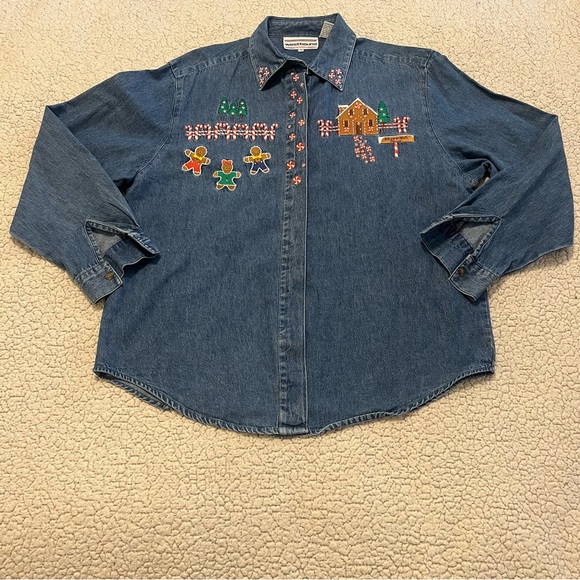 Westbound Women’s Long Sleeve Denim Christmas Gingerbread Beaded Holiday‎ M - Picture 1 of 11